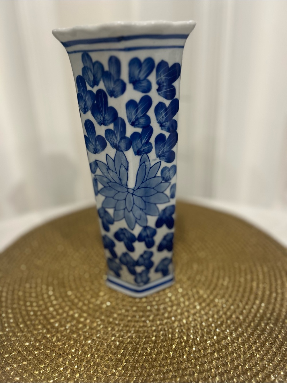 James Allen IMP Chinoiserie blue and white vase w Asian inspired motifs